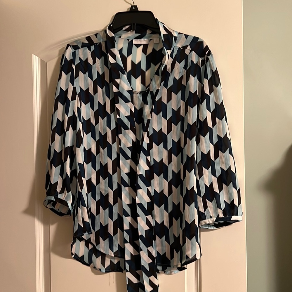 New York & Company Navy, Light Blue & White Geometric Tie-Neck Blouse